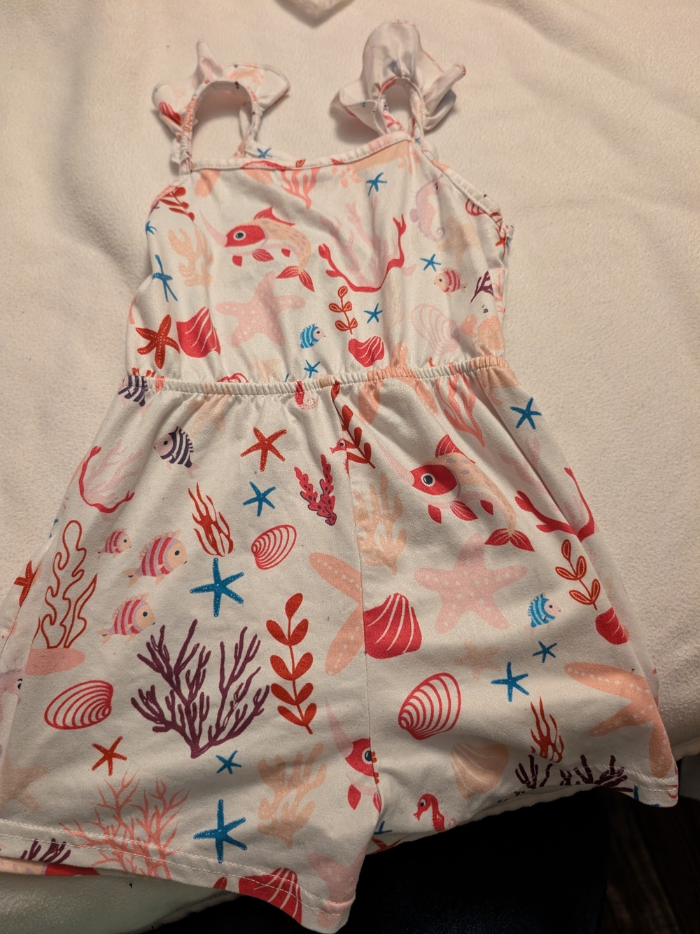 SHEIN White Romper with Coral, Blue & Pink Sea Life Print